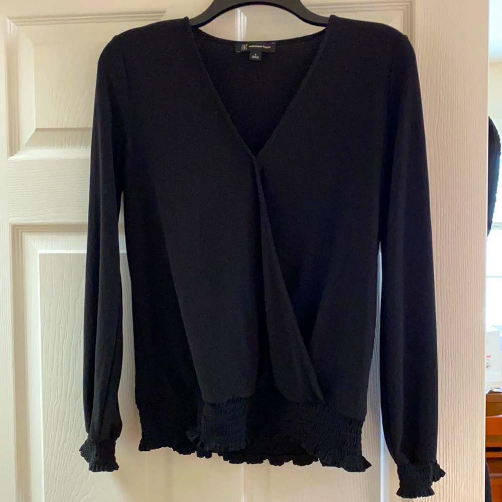 INC International Concepts Banded Bottom Black Faux Wrap Surplice Blouson Top
